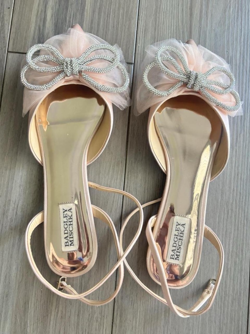 Badgley Mischka Sabina Tulle Rhinestone Bow Satin Flats Blush Pink Size 9 🪩